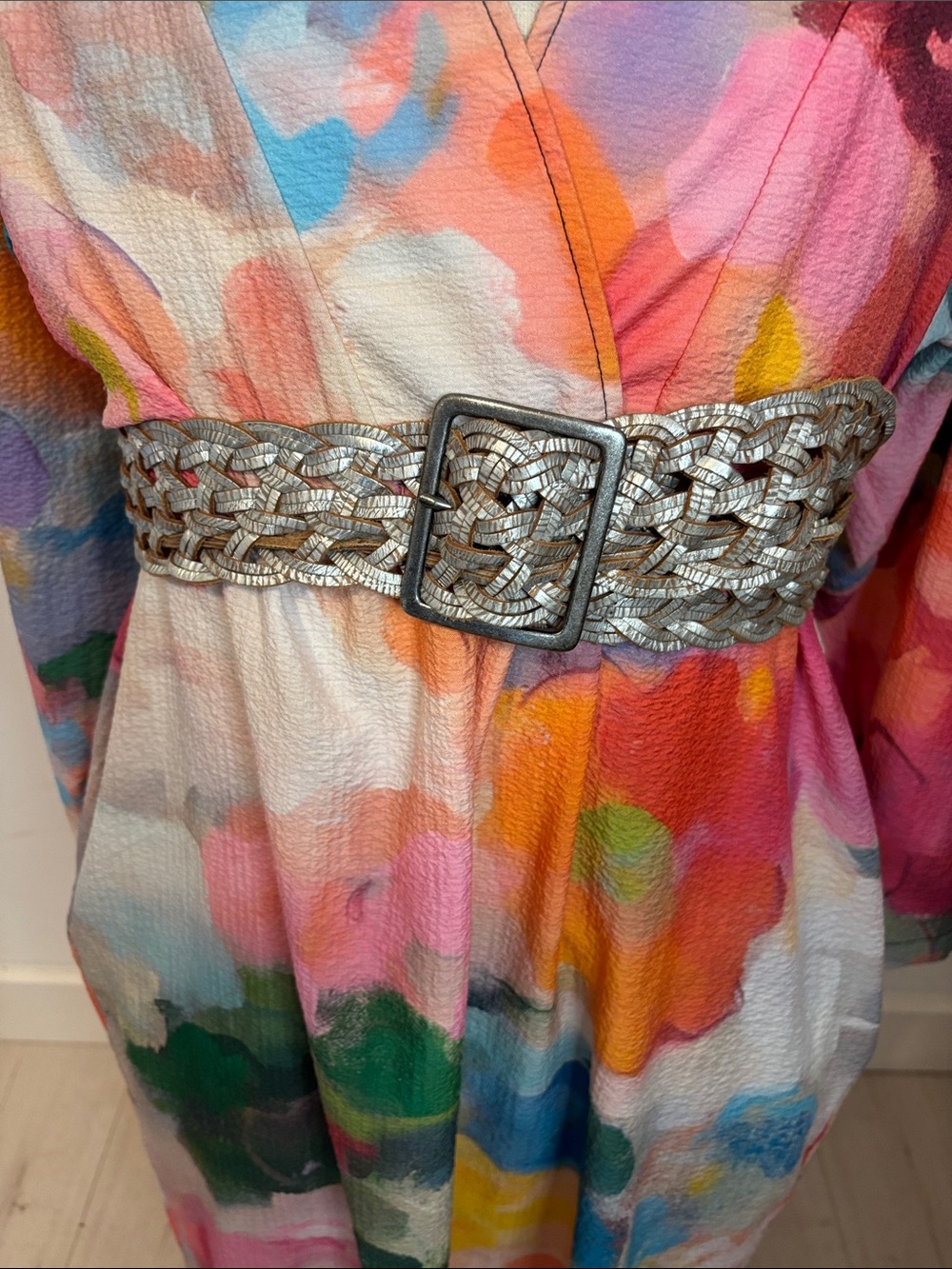 Woven Metallic Silver Waist Belt with Square Buckle